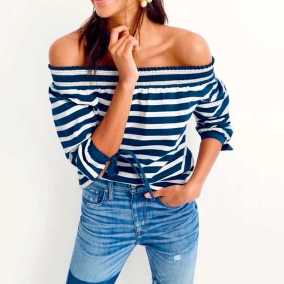 JCREW, NWT, off shoulder stripped blouse, navy blue, size M - Picture 1 of 4